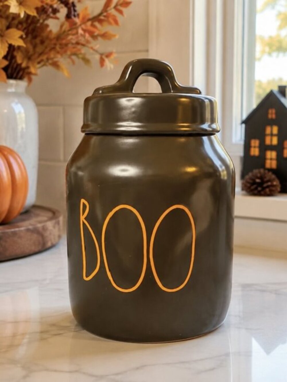 Rae Dunn BOO Halloween Black Canister Orange Letters Artisan Collection NWT